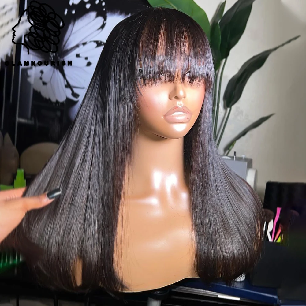 Straight Wig With Bang Short Bob Wigs For Black Women Brazilian Virgin Hair Wigs Machine Made Glueless Human Hair Wigs with Bang