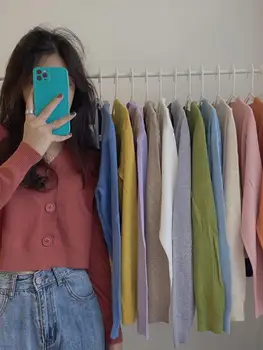 بلوفر نسائي بأزرار وأكمام طويلة ورقبة V ، كارديجان محبوك ، بلوزة قصيرة ، ملابس نسائية ، ملابس الشارع النحيف ، أحادي اللون ، الخريف ، الشتاء 6