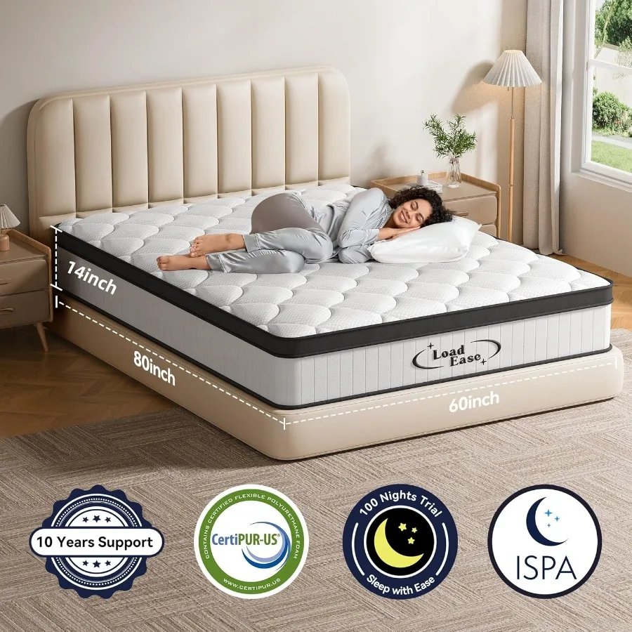 Queen Size 14 Inch Hybrid Mattress in a Box with Memory Foam and Firm Individually Wrapped Pocket Springs for Superior Pressure