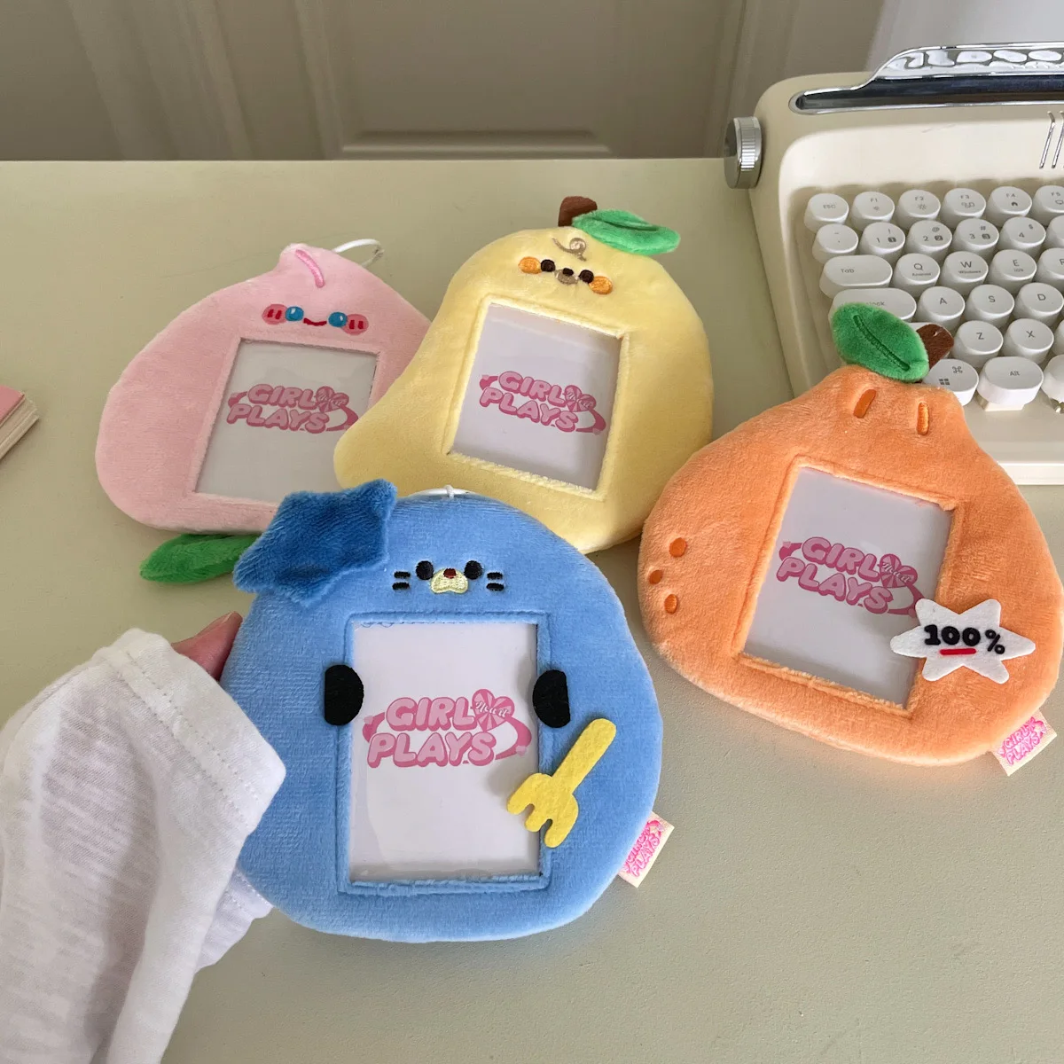 MINKYS Kawaii Fruit Series Fluffy 3 inch Kpop Photocard Holder Photo Card Holder Bag Pendant School Stationery 3