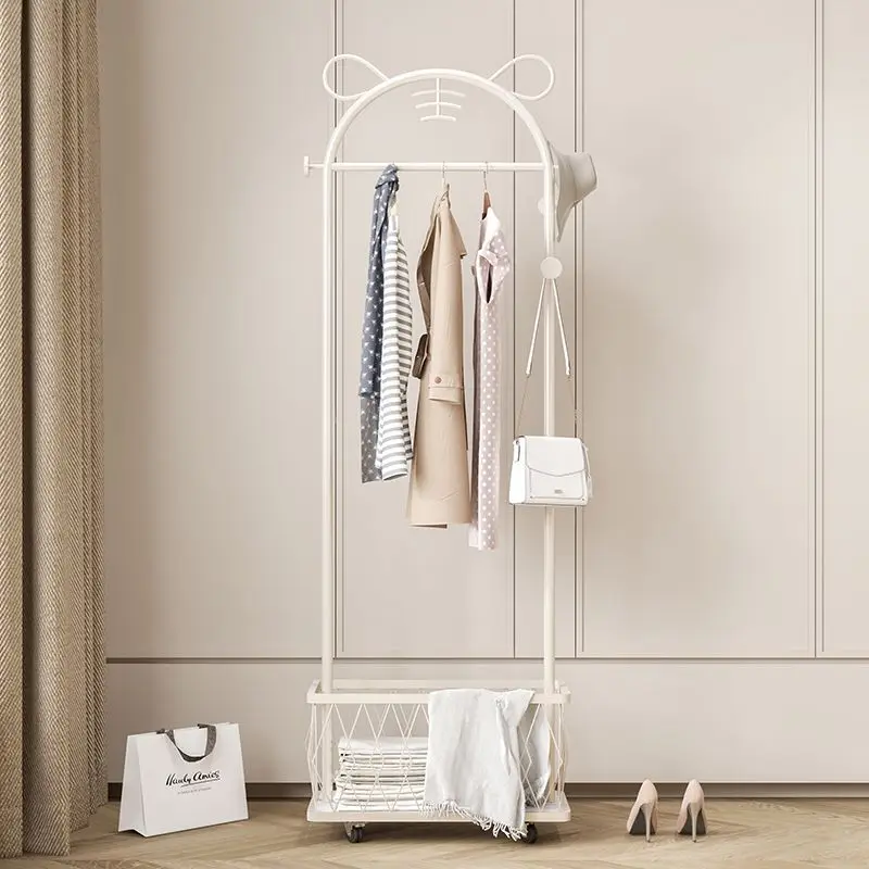Nordic Cream Style Movable Clothes Hanger Floor Standing Clothes Hangers Wheels Bedroom Storage