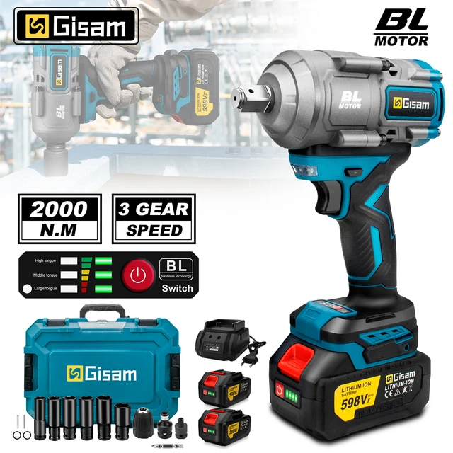Clé à chocs sans fil Gisam 2000 N.m 1/2 pouce, tournevis sans fil de réparation, kit adaptateur de douilles hexagonales 5 vitesses pour batteries Makita 18V 1