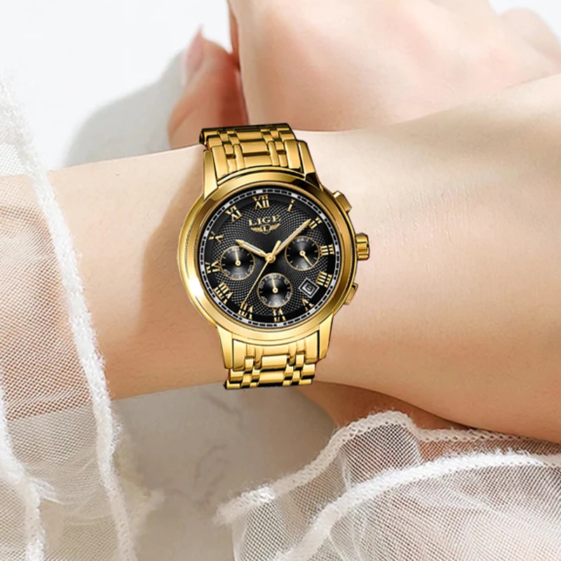 LIGE Golden Quartz Waterproof Women Wristwatches High Quality Japanese Movement Full  Steel Strap Fashion Watch for Women+Box