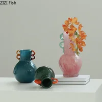 Hexagonal Texture Colored Glass Vase Artificial Flower Decorative Flowers Pots Desk Decoration Floral Vases Room Aesthetic Decor 1