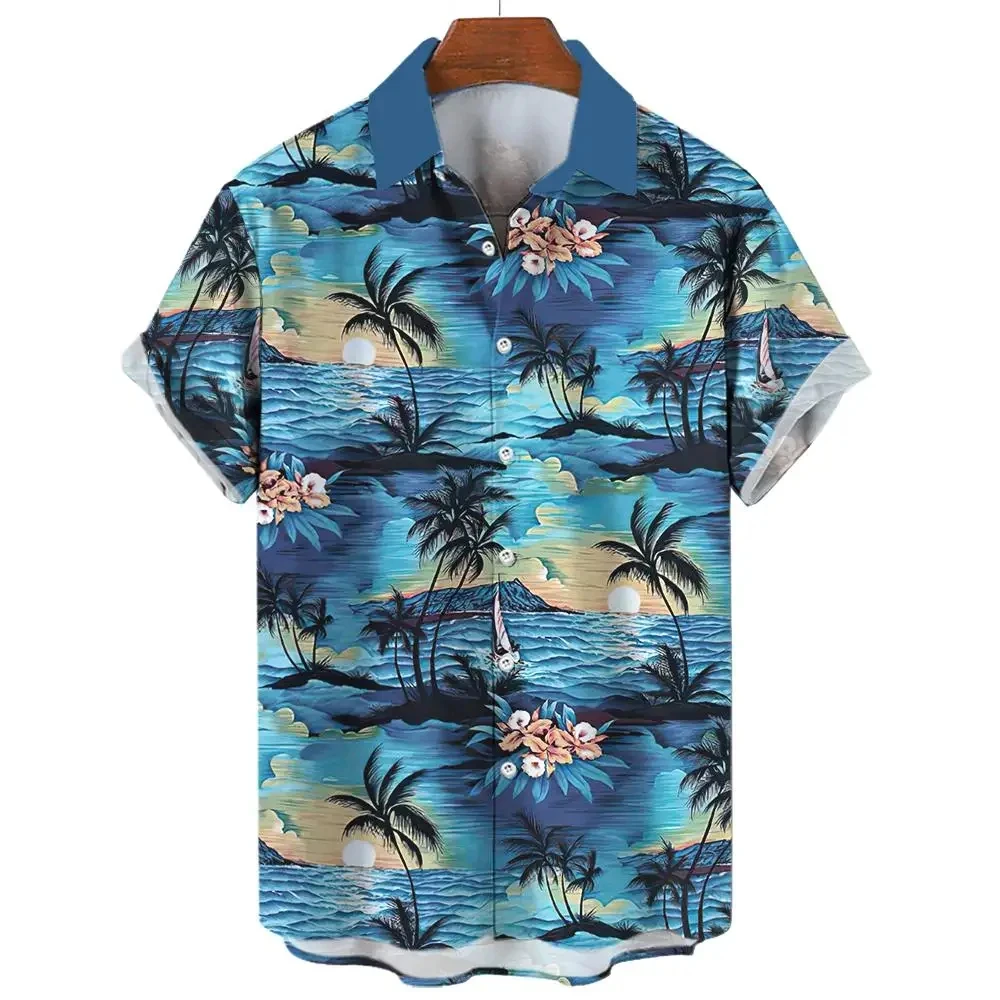 

Hawaii Men's Shirt Coconut Tree Beach pattern 3D Print Tops Summer Fashion Holiday Short Sleeves Shirts Lapel Button Clothing