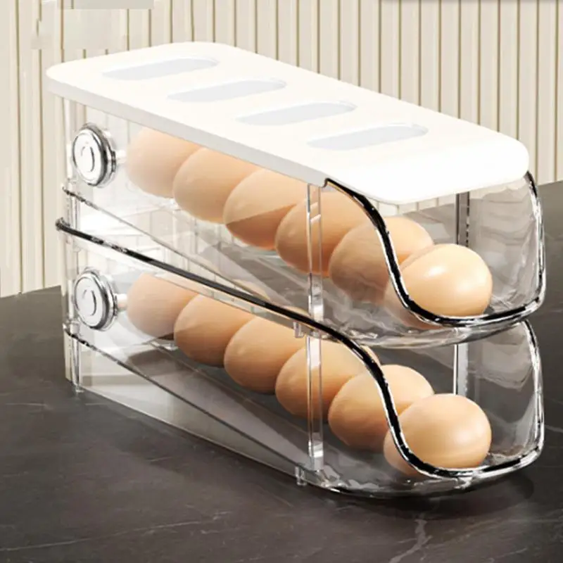 

Refrigerator Egg Storage Box Anti-fall Dust-proof Stackable Egg Tray With Lid Automatic Rolling Kitchen Organizer Boxes For Home
