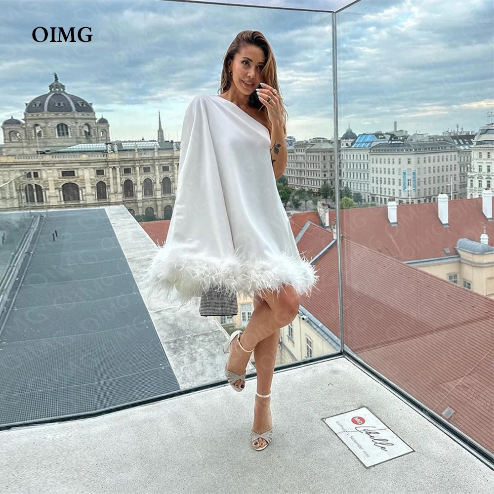 

OIMG Короткие свадебные платья с перьями с одним длинным рукавом платья на одно плечо индивидуальный цвет для выпускного вечера цена для невесты свадебное платье