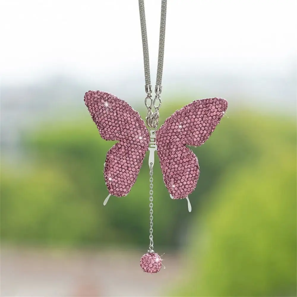 Pink Bling Butterfly Pendant Car Rearview Mirror Hangings Charms Bag Pendant Women Girl Gift Ornaments Auto Interior Decoration