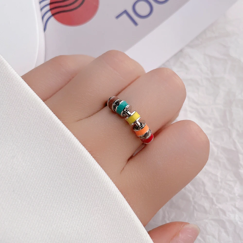 Anxiety Lie Ring Colorful Enamel Unisex Fidget Ring With Bead Worry Stress Relief Jewelry Lovers Stacking Finger Creative Rings