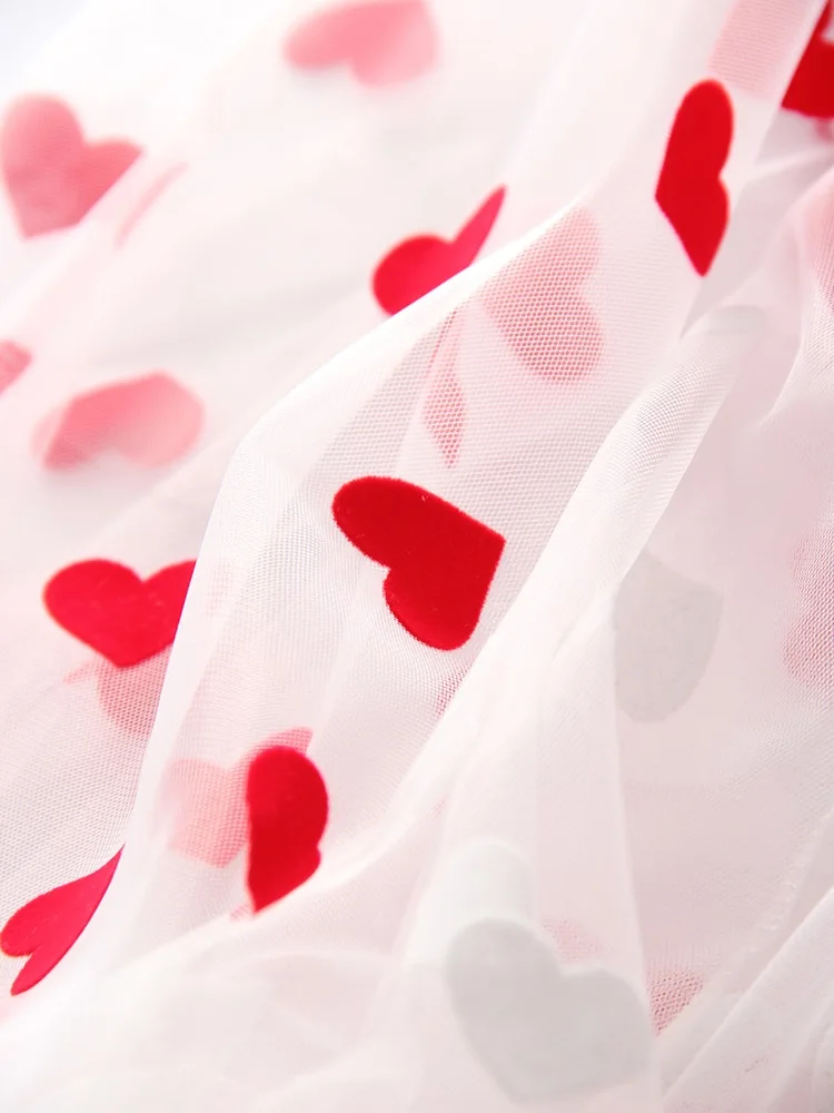 Long Mesh T Shirt Dress For Women Short Sleeve Heart Tulle Fake Two Piece Dresses WOmen's White Loose Maxi Dress With Heart Red