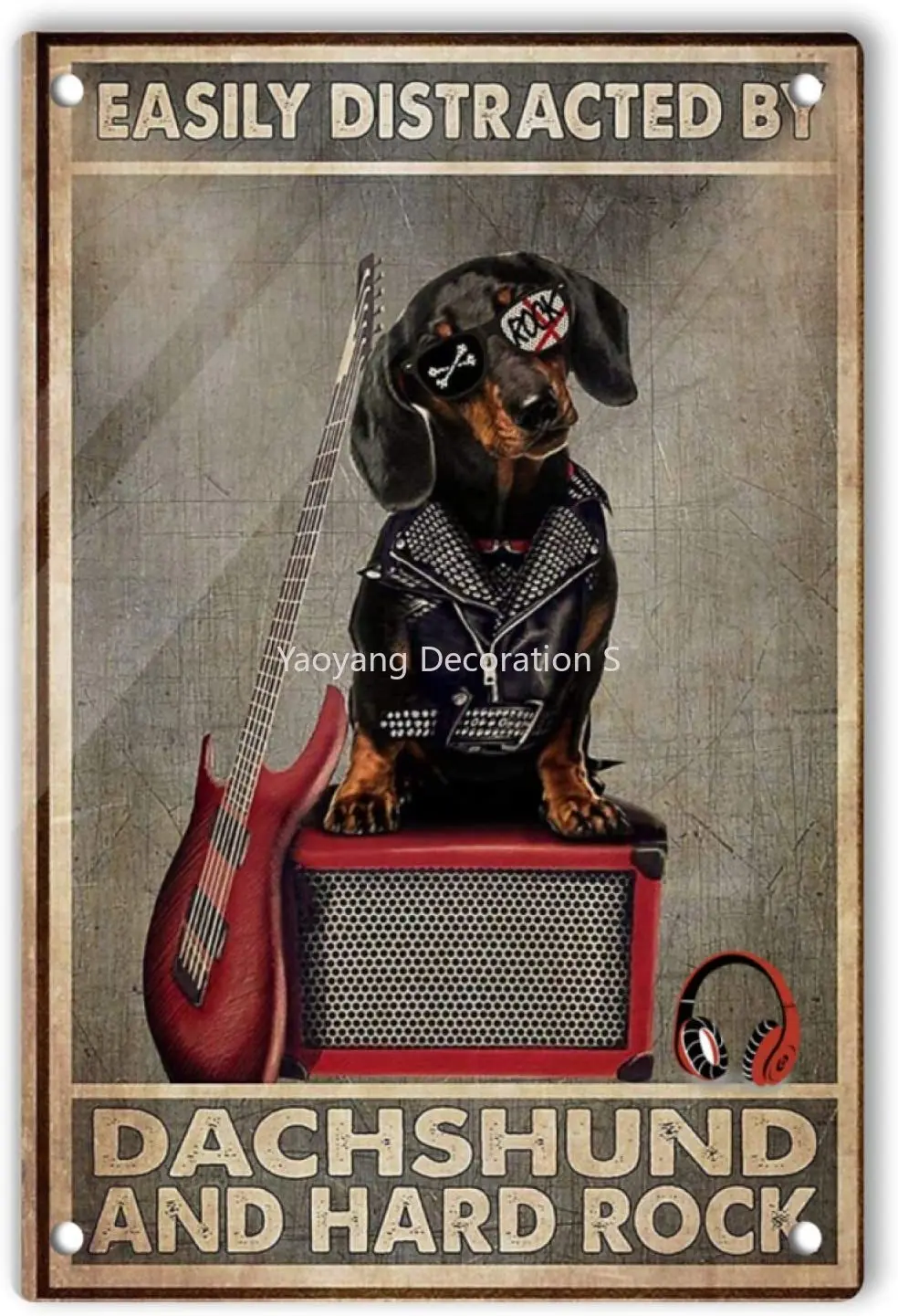 Fashion Rock Dog Tin Sign Wall Decor, Facilmente Distressed Da Bassotto E Hard Rock Tin Sign 11.8X7.9 Pollici Funny Animal Sign