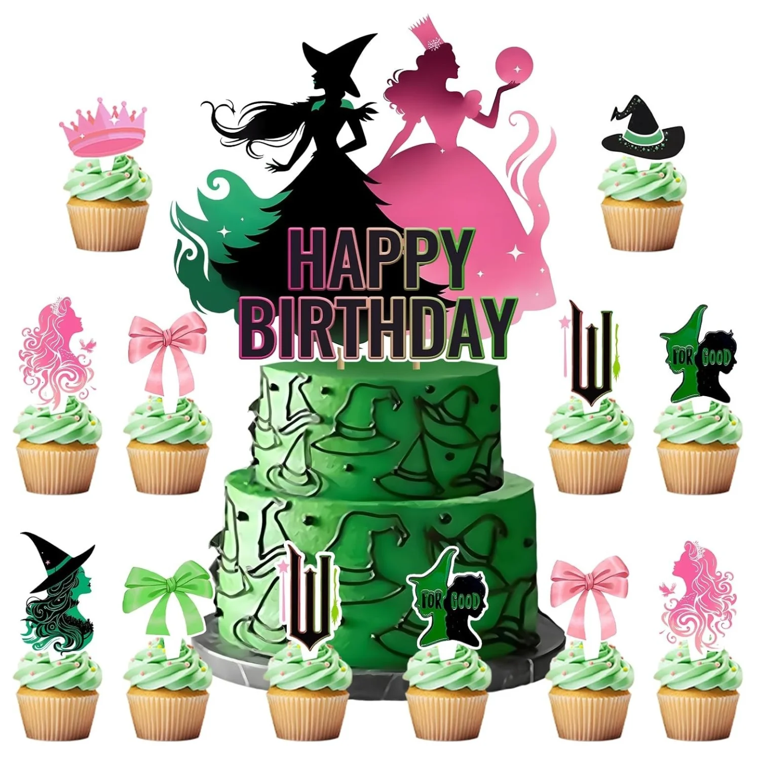 24 Pcs Glitter Witch Cupcake Toppers – Pink & Green, 8 Designs, For Witch Theme Party Decor