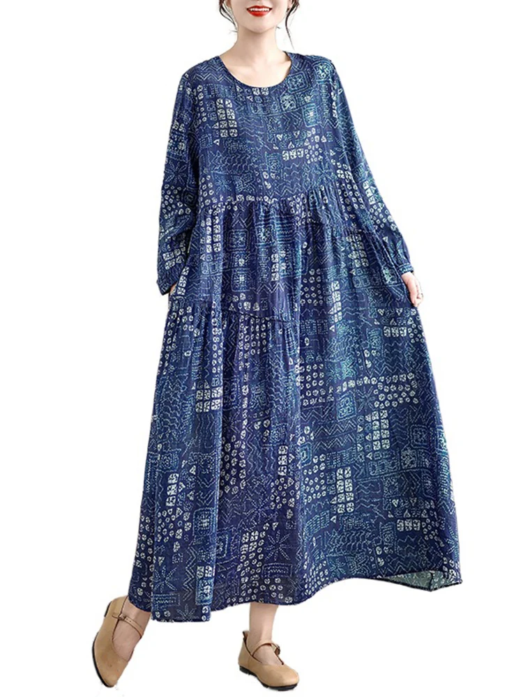 2025 Spring Autumn Cotton Long Sleeve Print Vintage Dresses Women Casual Loose Long Dress Office Lady Vestidos Elegant Clothing