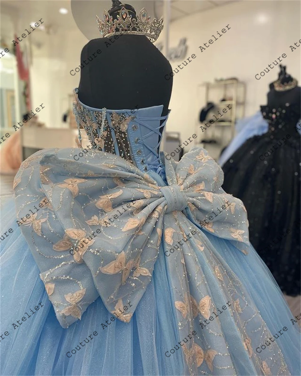 Butterflies Bow Light Blue Tulle Quinceanera Dresses Sweetheart