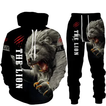 Felpa con cappuccio stampata in 3D Lion King set tuta da jogging in due pezzi per abbigliamento sportivo da uomo di moda 1