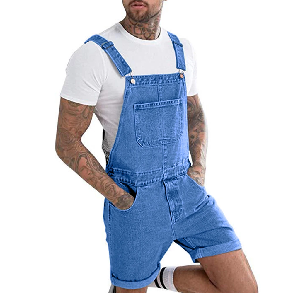 Men's Vintage Jeans Overalls Solid Color Elastic Denim Jumpsuit With Pockets Men Summer Casual Button Suspenders Short Pants men jeans denim pants