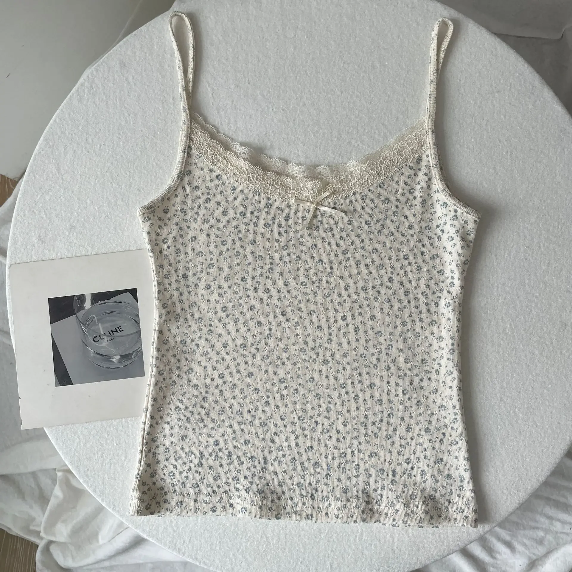 Floral Eyelet Lace-Trim Bow Tank Top - Women's Slim Cotton Camisole