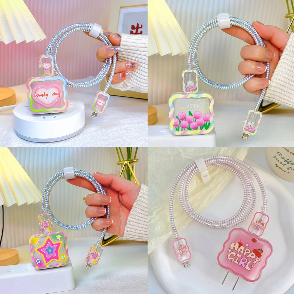 Custodia Cute Star Heart Wave Per Apple Iphone 20W/18W Copertura Di Protezione Della Testa Di Ricarica Soft Antipolvere Bite Cord Line Avvolgicavo Usb