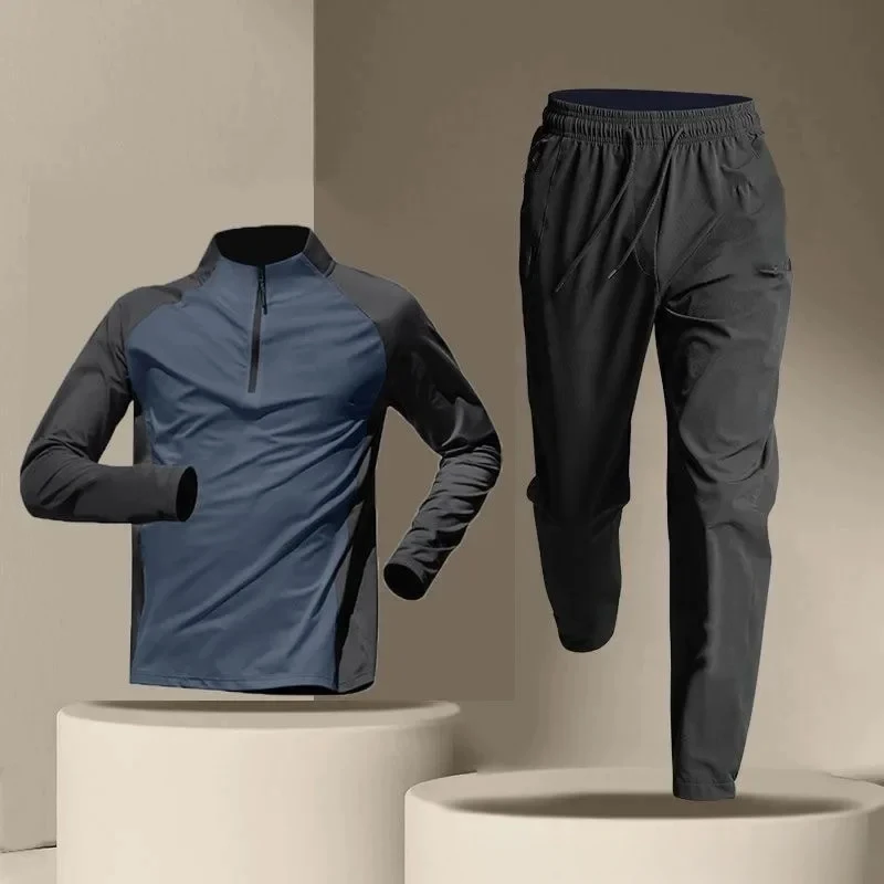 Fitness Clothes Ice Silk Quick Drying T-shirt Suit Men Short Sleeve Running Sportswear Shorts Tracksuit Gym Sports Training Sets
