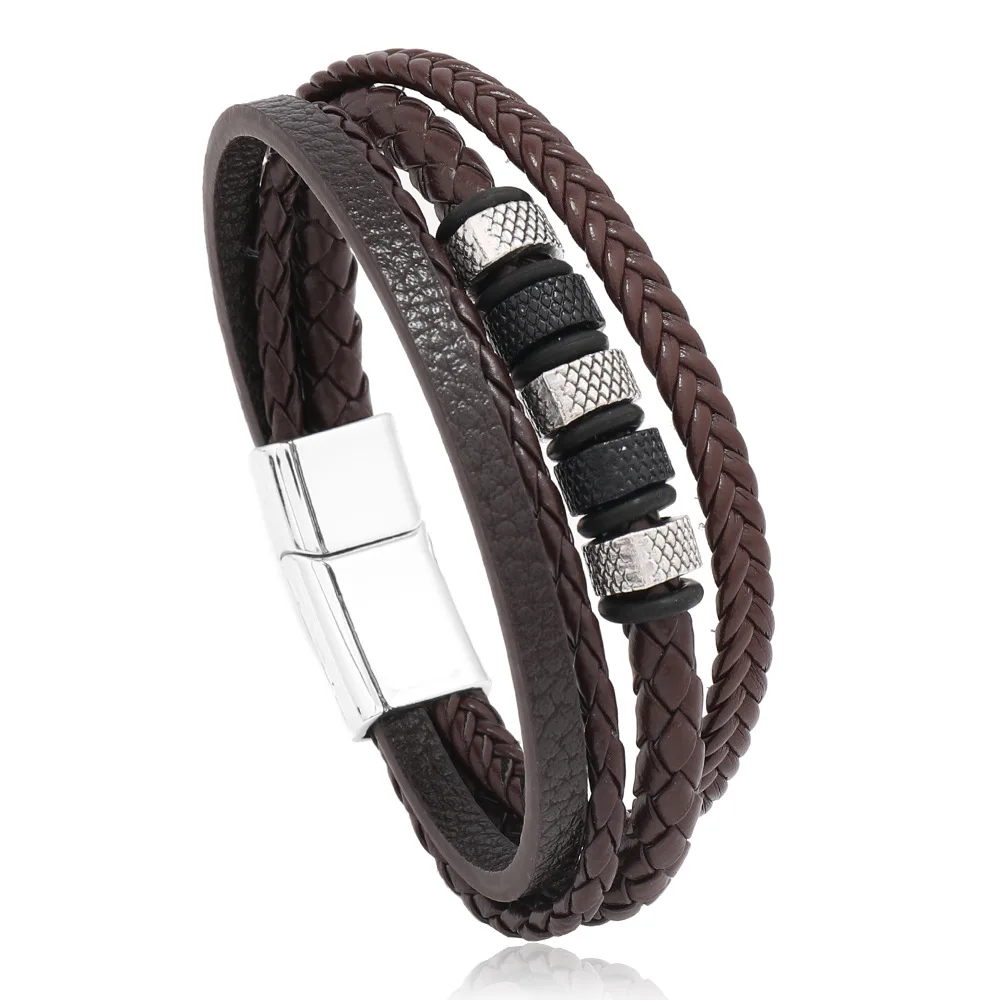 Bracciale Uomo In Pelle Intrecciata Con Chiusura Magnetica | Regalo Con Astuccio Incluso | Anello E Collana In Omaggio - 4