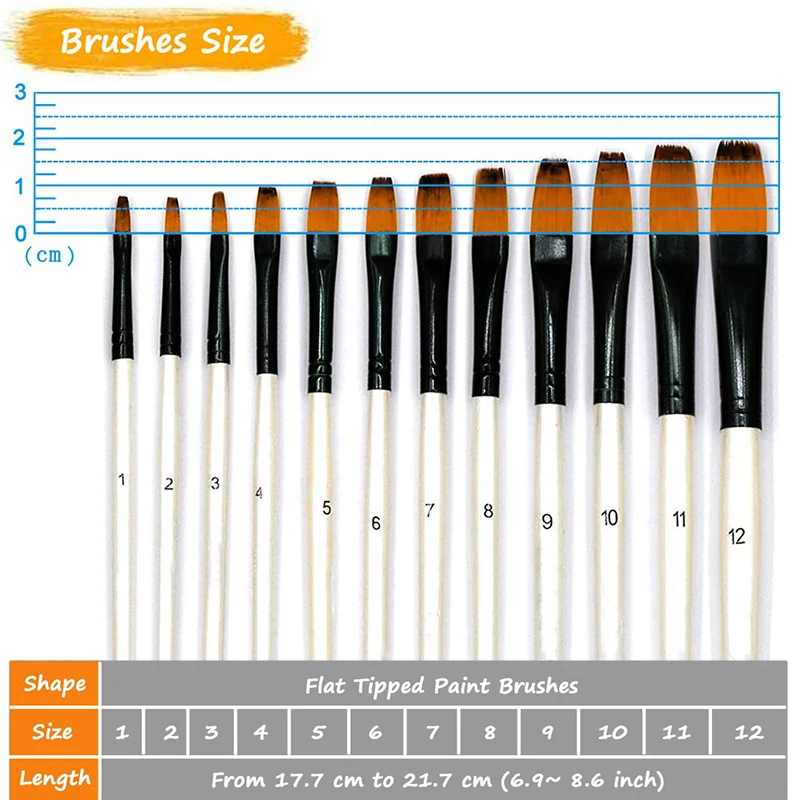 Professional Art Paint Brushes Set 12pcs Nylon Flat Paint Brush for Watercolor Oil Acrylic Face Body Nail Rock Painting Acrylic