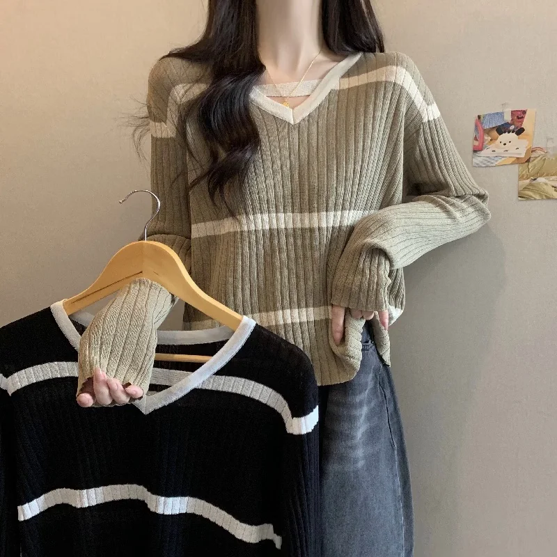 

Fashion Female Long Sleeve Knitwear 2023 Autumn New V Neck Striped Pullovers Casual Plus Sized Loose Women Sweater