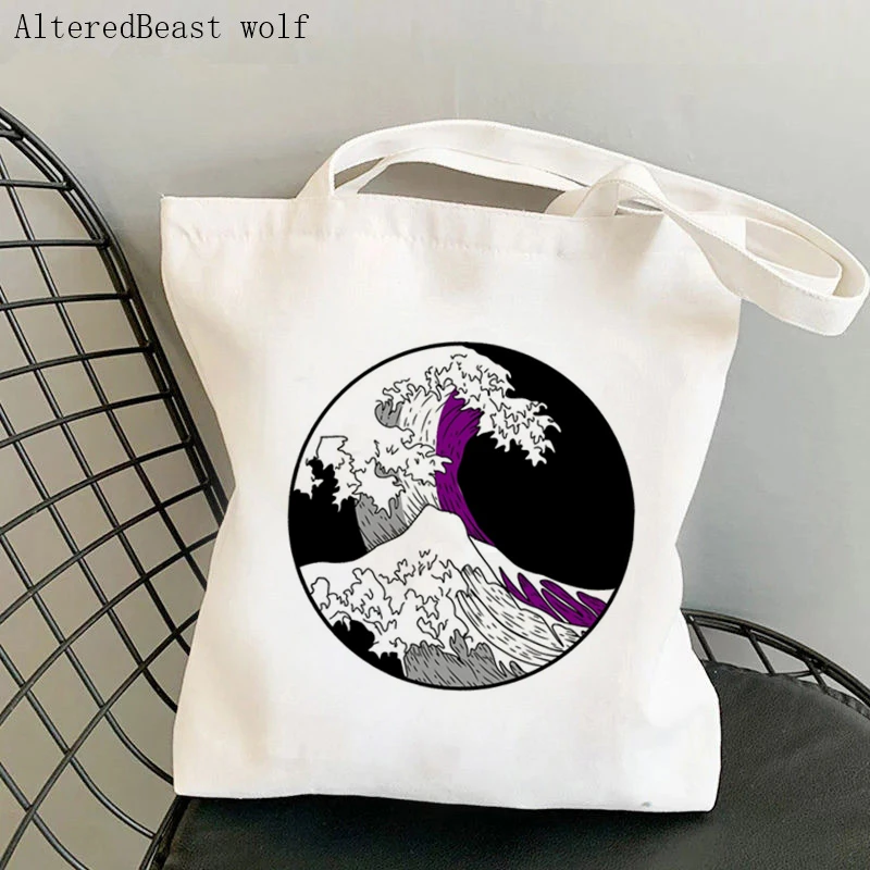 Women Shopper bag non binary pride wave Kawaii Bag Harajuku Shopping Canvas Shopper Bag girl handbag Tote Shoulder Lady Bag