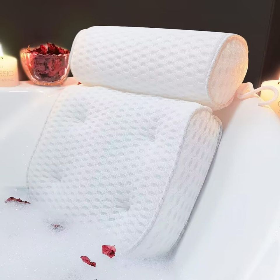 Bath Tub Pillow Headrest with Soft 4D Mesh Fabric and Non-Slip Suction Cups, Relaxing Bath Accessories Spa Gifts