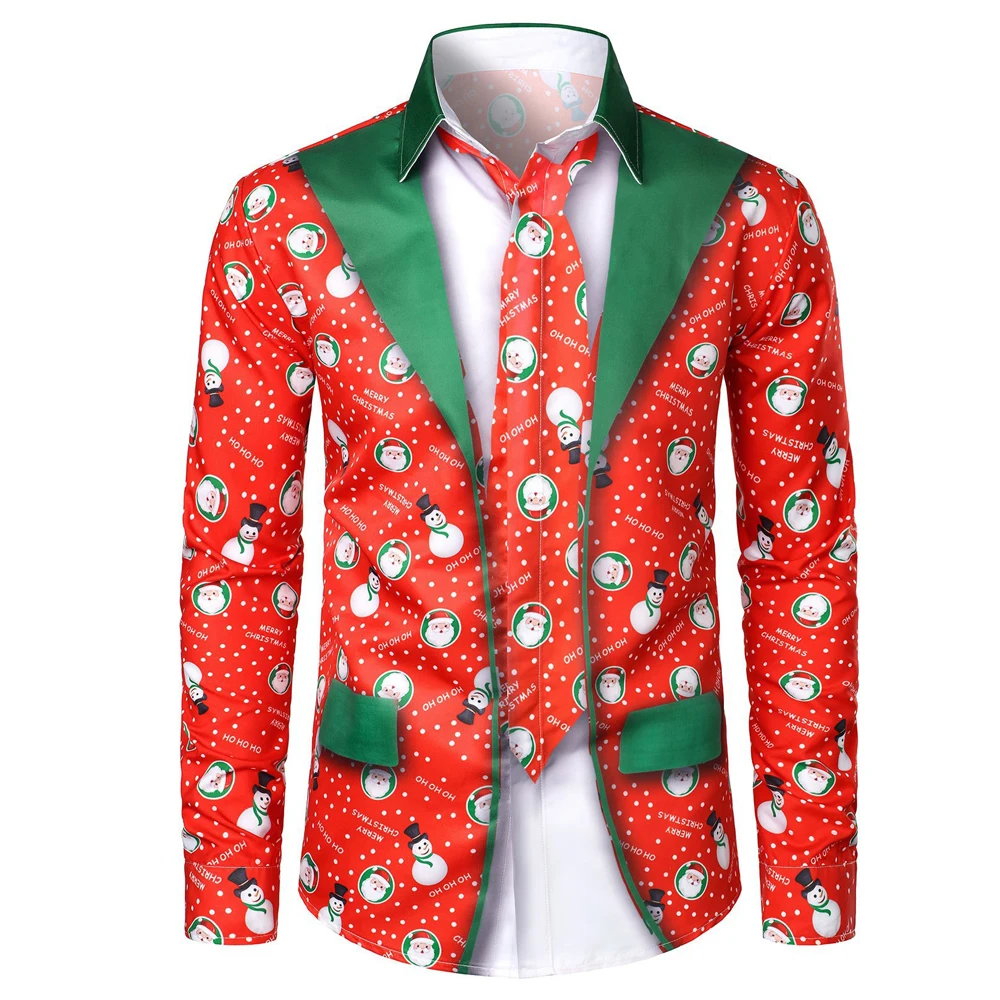 thumbnail image 1 of Camisas navideñas para hombre, camisas de manga larga con botones para fiesta de Papá Noel, camisas de calle para exteriores, camisa elástica de invierno con cuello vuelto, 1 of 5