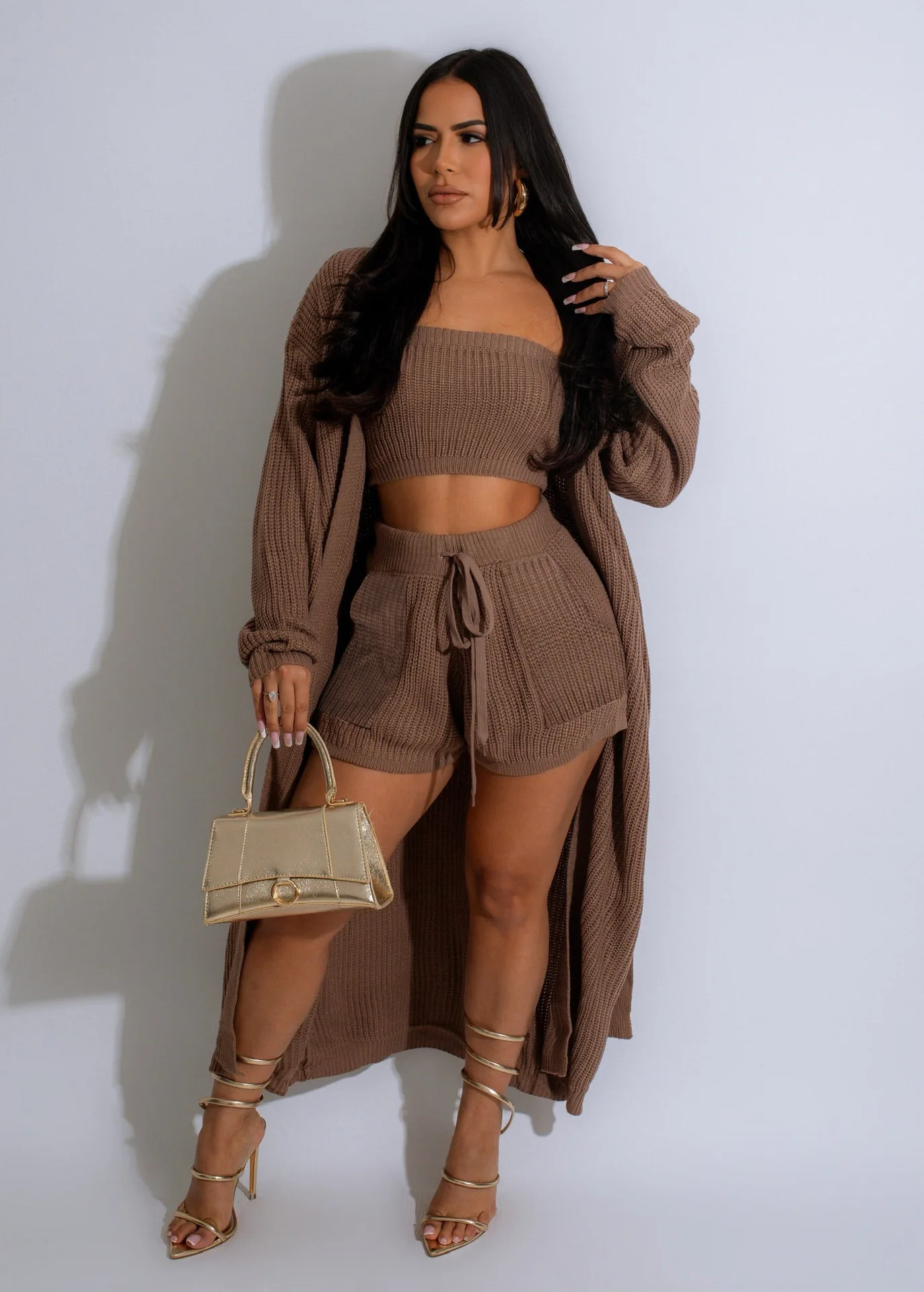 Women Knitted Loungewear 3 Piece Set Tube Top+Drawstring Shorts+Long Sleeve Cardigan Fall Winter Pajamas Loungewear Women Sets