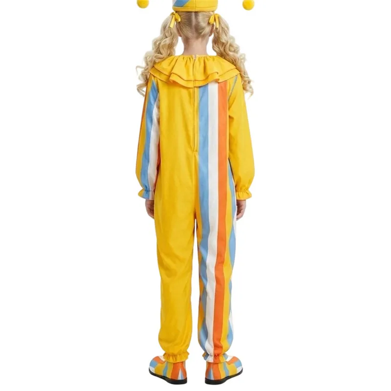 Costume da Clown Classico per Adulti, Tuta a Righe a Maniche Lunghe con Colletto Arricciato, Abbigliamento da Circo per Carnevale, Costume per Festa di Halloween - immagine 3
