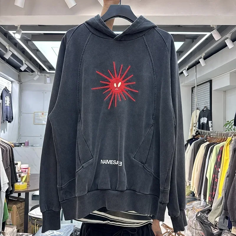 

Heavy Vintage Washed Red Embroidered Pattern Hoodies for Men Women