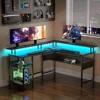 Computer Desk L Shaped 56.7" with LED Lights and Power Outlets, Reversible L Shaped Gaming Desk with Monitor Stand, 2