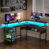 Computer Desk L Shaped 56.7" with LED Lights and Power Outlets, Reversible L Shaped Gaming Desk with Monitor Stand, 2