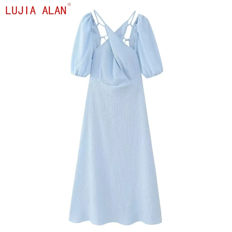 

New Women's Sexy Backless V-Neck Halter Midi Dress Female Casual Puff Sleeve Slim Fit Vestidos LUJIA ALAN WD3913
