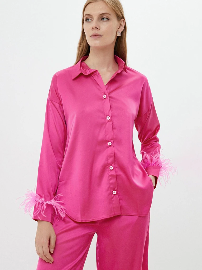 Marthaqiqi Feathers Ladies Nightgowns Suit Long Sleeve Nightwear Turn-Down Collar Sleepwear Pants Loose Femme Pajama 2 Piece Set