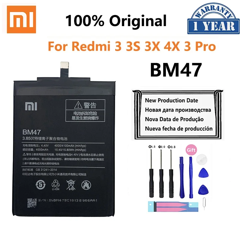 

100% Оригинальный аккумулятор Xiao Mi Redmi 3 S 3Pro BM47 XiaoMi Redmi 3X Hongmi 3 S Pro, высококачественный аккумулятор с реальной емкостью 4000 мАч
