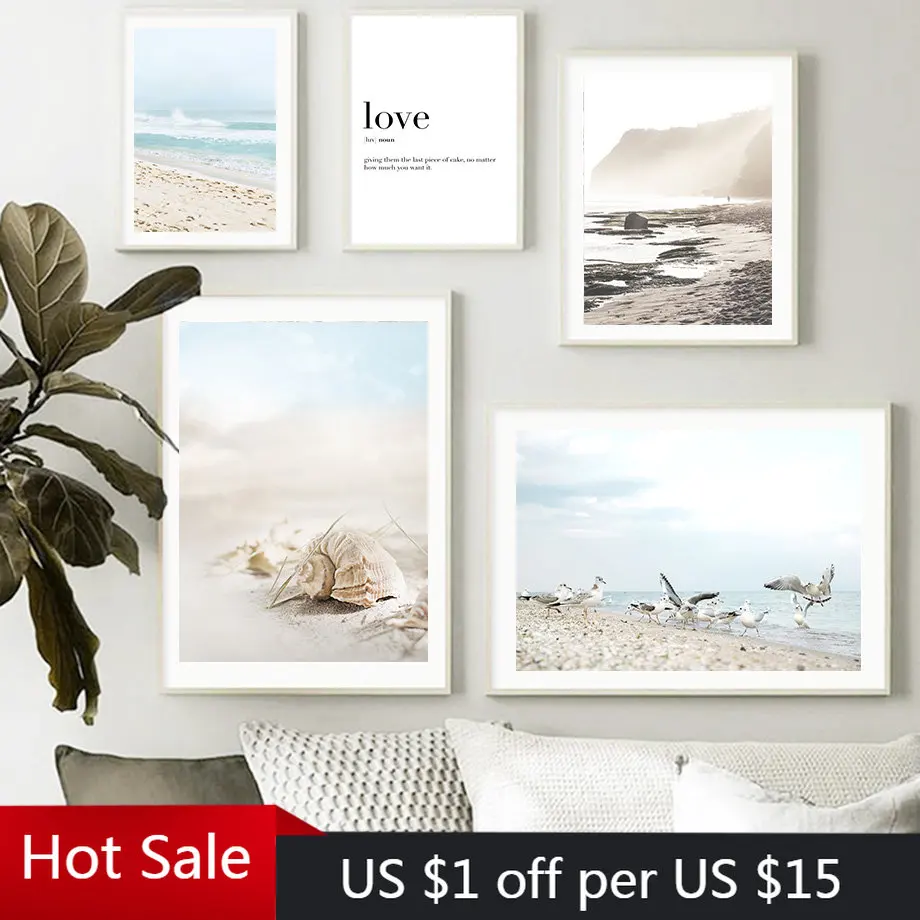 Blue Sea Beach Sky Bird Shell Reed Bridge Wall Art Canvas Painting Nordic Poster E Stampe Immagini A Parete Per La Decorazione Del Soggiorno