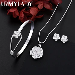 Fine 925 Sterling Silver Charm Flower Necklace Earring Bangle Jewelry for Women Retro Set Wedding Gift TRENDY Lovely