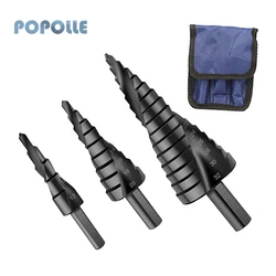 3 pçs/set Nitrided Spiral Flauta HSS Broca Preto Triângulo Shank Pisou Cone Broca 4 12/4 20/4 32mm Set Conjunto Ferramenta De Poder