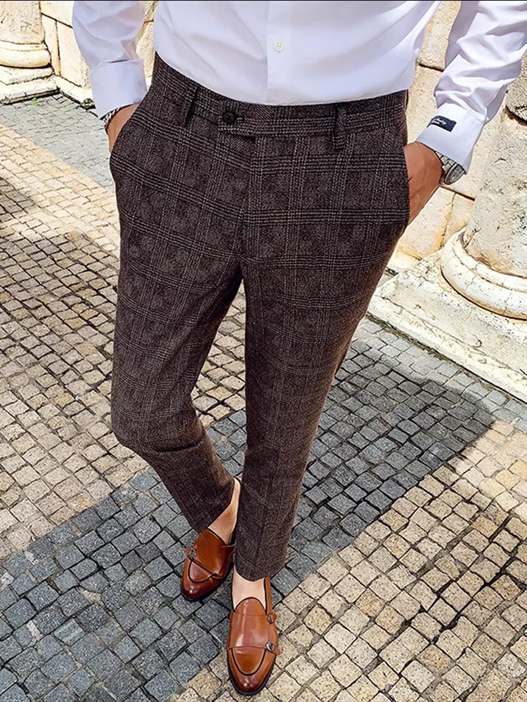 Business Pants Men Classic Plaid and Striped Fashion Casual Slim Suit Trousers Groom Wedding Party