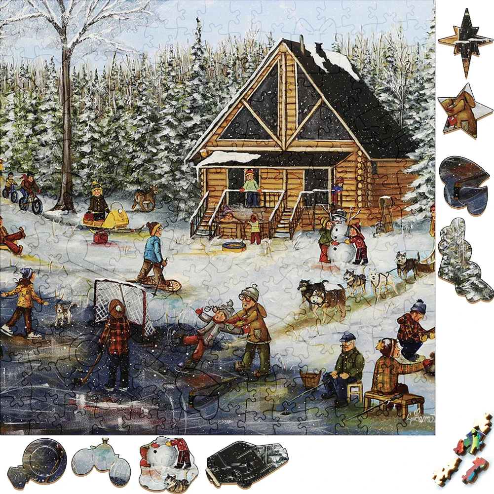 Unique Wooden Puzzles Winter Snow Play Wood Jigsaw Puzzle Craft Irregular Family Interactive Puzzle Gift for Kids Educational