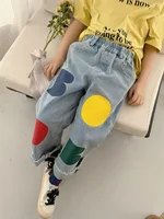 2024 Spring New Children Loose Jeans Baby Girl Color Printing Casual Pants Toddler Boy Harem Pants Kids Versatile Denim Trousers 2