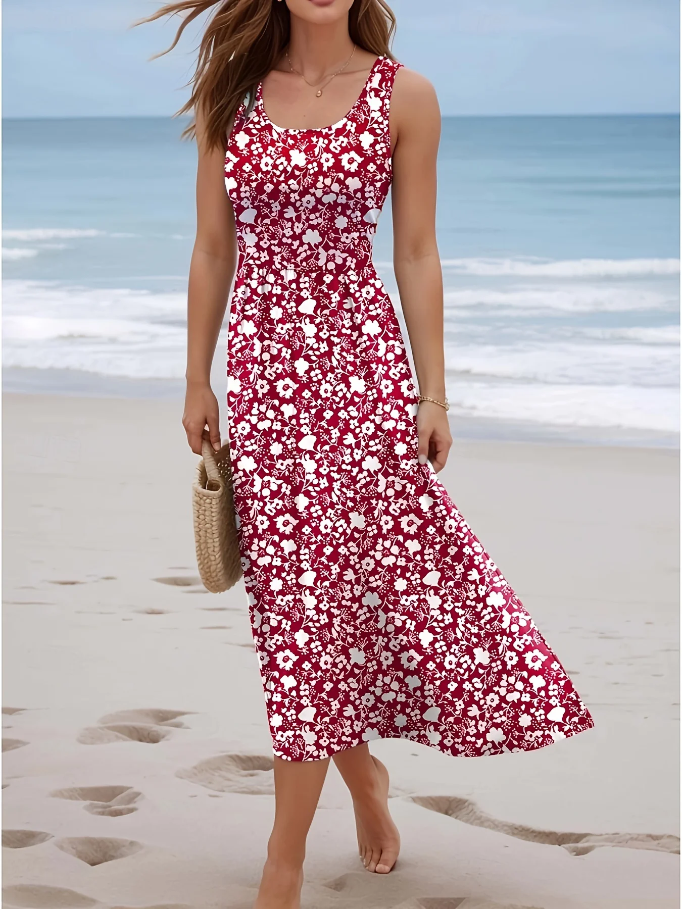Damen Sommer Ärmelloses Blumen-Midikleid U-Ausschnitt Lässiges Strandkleid Boho-Print Fließendes Langes Kleid Urlaubskleidung Damen Weste