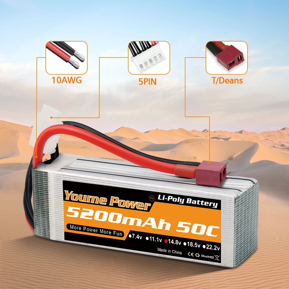 Batterie LiPo 4S 5200mAh 14.8V posée à côté d'un drone, connecteurs XT60 et XT90 visibles