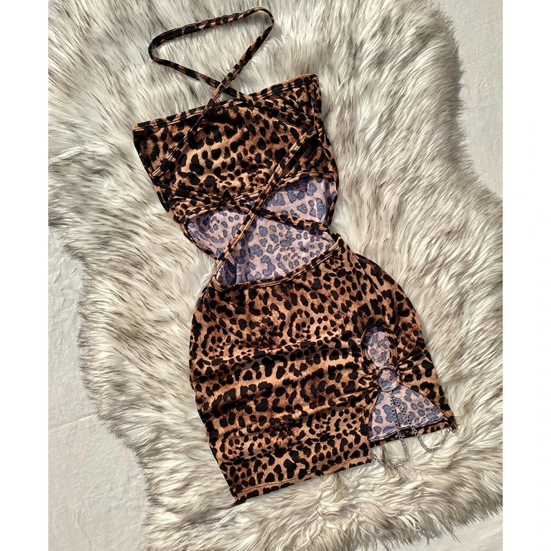 Elegant And Fashionable Women's Sexy Leopard Print Mini Dress Strapless Sleeveless Hollow Bag Hip Sexy Summer Holiday Dress 2