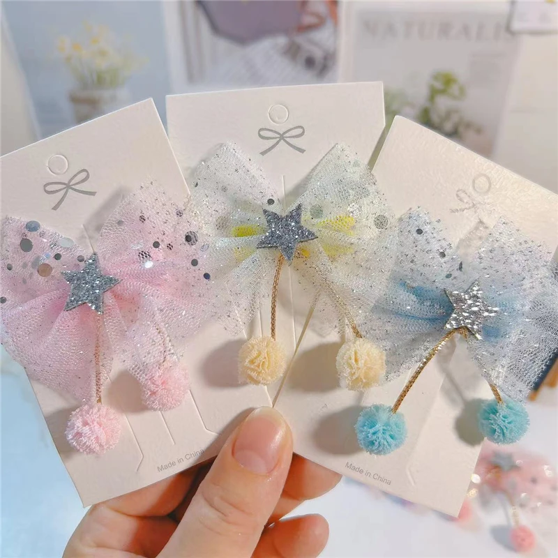 

10Pcs/Lot Girl Silver Dot Yarn Hanging Pompom Tassel Bow Hairclip Kids Cute Hair Clip Hairpin Baby Barrette Kawaii Accessories