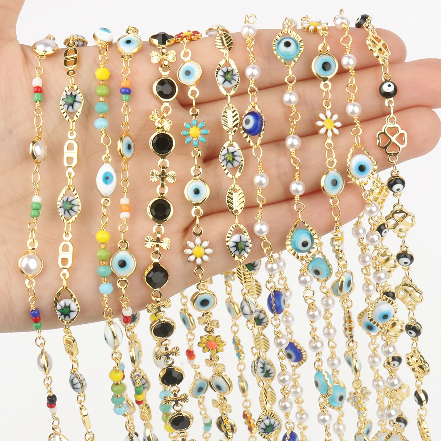 

1M Gold Color Stainless Steel Evil Eyes Pearl Daisy Flower Chain for Jewelry Making Bracelets Necklace DIY Handmade Accessories