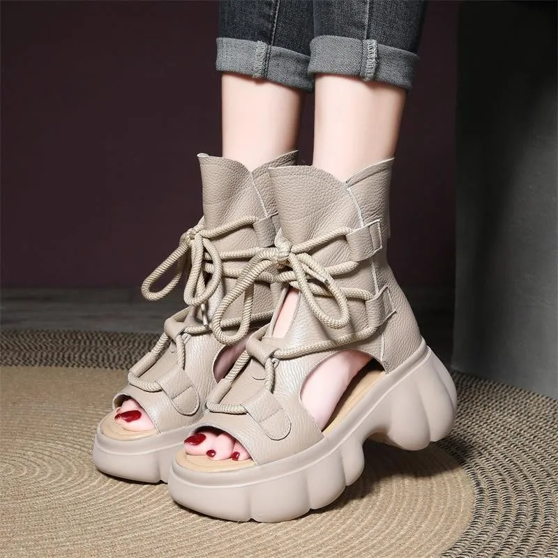 2024 New chunky Summer Women sandals Shoes Platform Sandals Genuine Leather Lace-Up Retro Sewing Handmade Concise Ladies Sandals