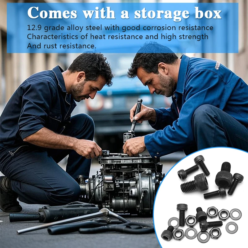 High Strength 12.9 Grade Black Hex Socket Head Cap Screws with Flat Washer and Nut Assortment Kit M2.5-M5 for Industrial Machine